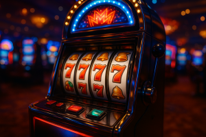 Slot machine with jackpot coins and glowing lights